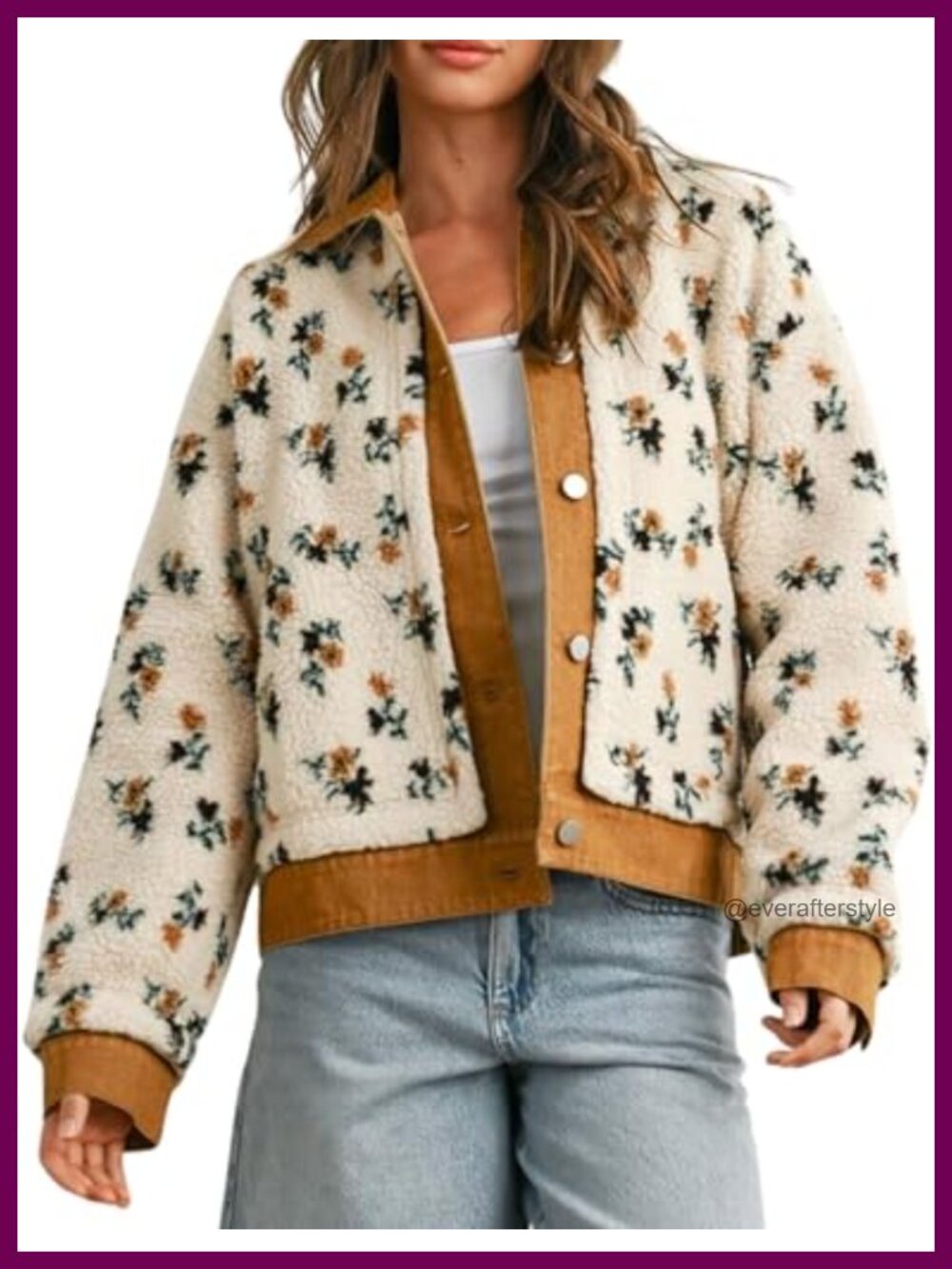 Womens Floral Sherpa Fleece Jacket Denim Collar Button Front Oversized